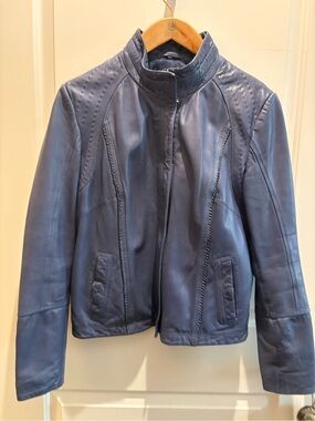 Women's Blue Leather Zip-Front Jacket